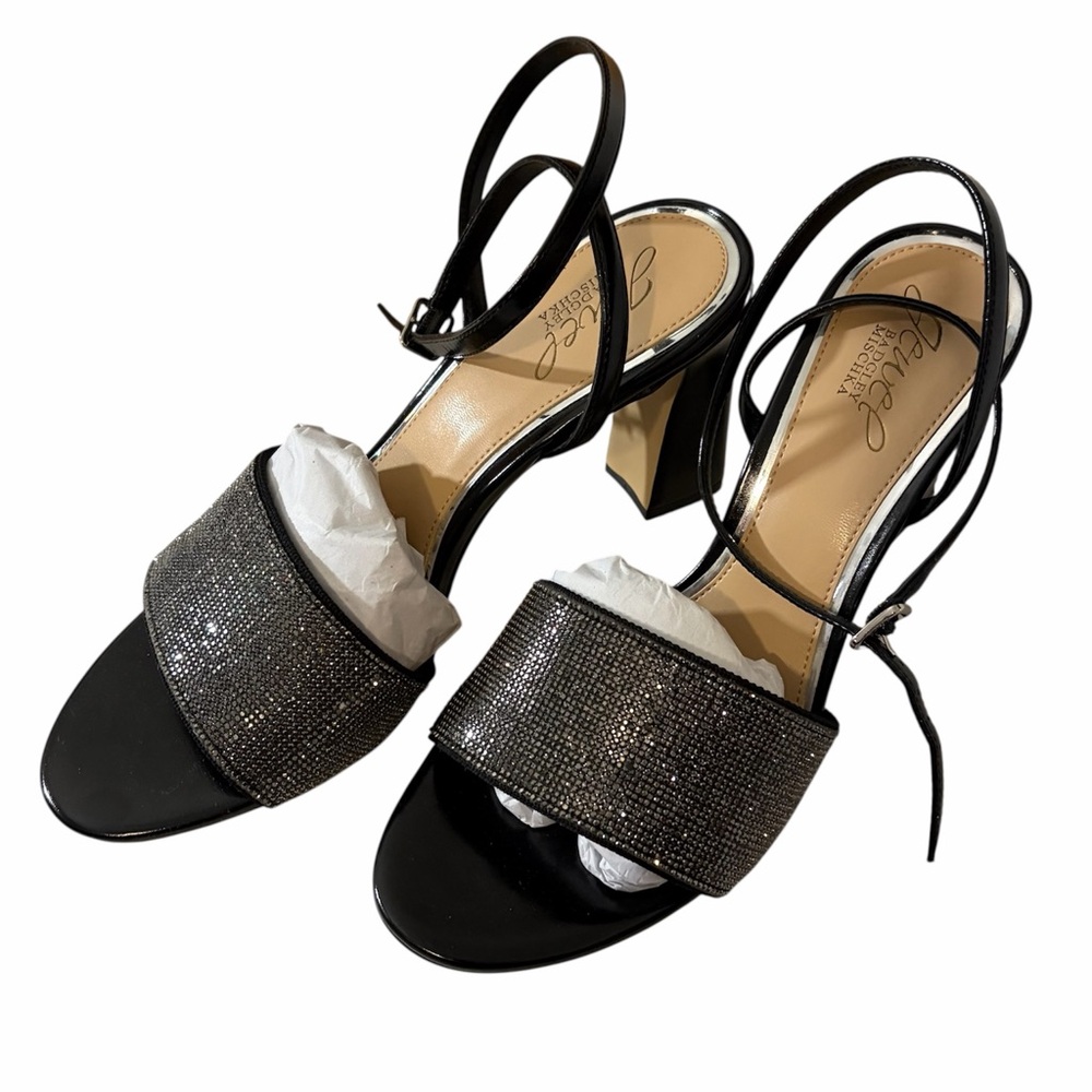 Jewel Badgley Mischka Black Strappy Rhinestone Heels 8.5
